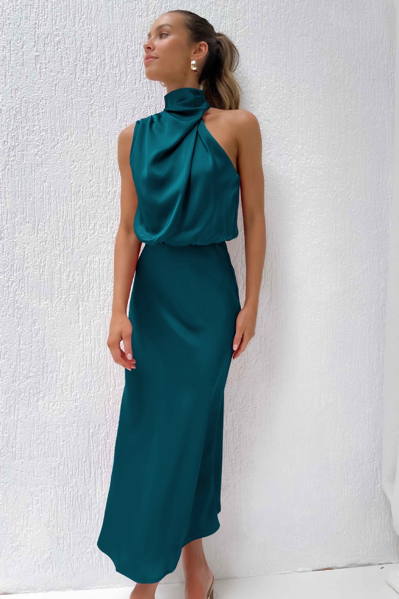 Carlina | Robe Longue Satin à Col Halter