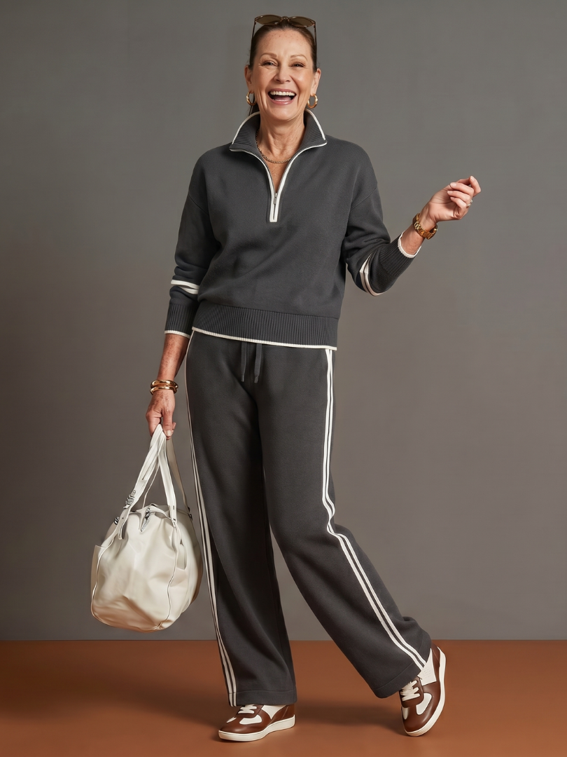 Pluie | Ensemble de Pantalon à Rayures Latérales à Manches Longues avec Col Zippé