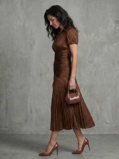 Théodora | Robe midi à taille plissée et rayures