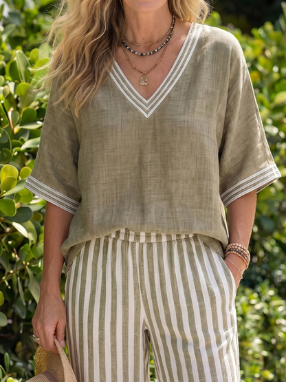 Wren | Ensemble tunique à col en V contrasté et pantalon rayé