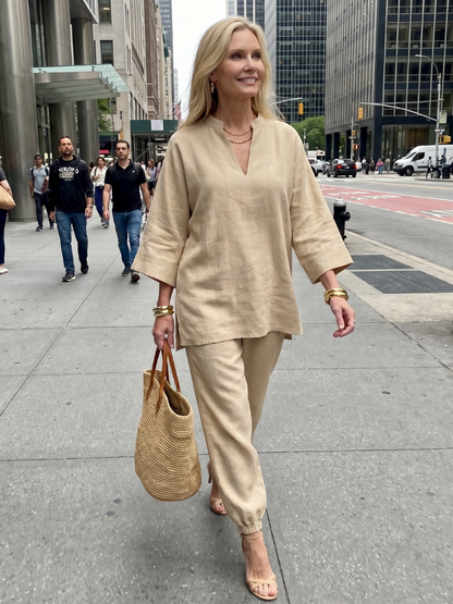 Georgiana | Ensemble tunique à col en V et pantalon froncé