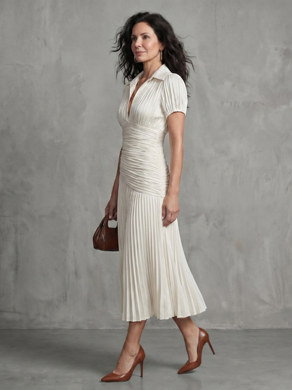 Théodora | Robe midi à taille plissée et rayures