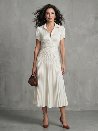 Théodora | Robe midi à taille plissée et rayures