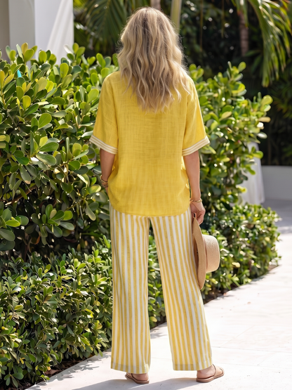 Wren | Ensemble tunique à col en V contrasté et pantalon rayé