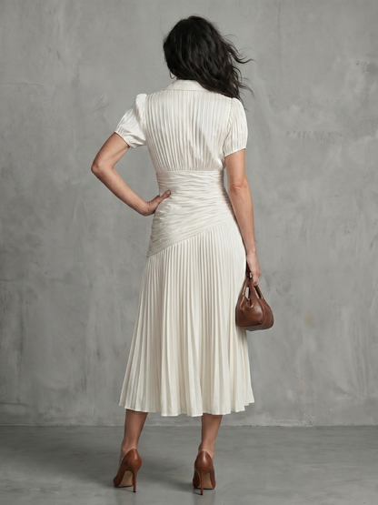Théodora | Robe midi à taille plissée et rayures
