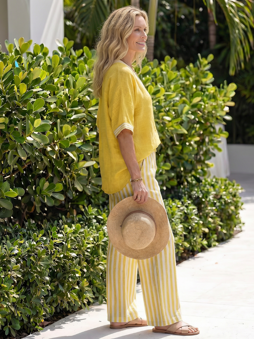 Wren | Ensemble tunique à col en V contrasté et pantalon rayé