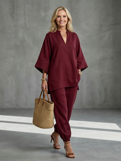Georgiana | Ensemble tunique à col en V et pantalon froncé