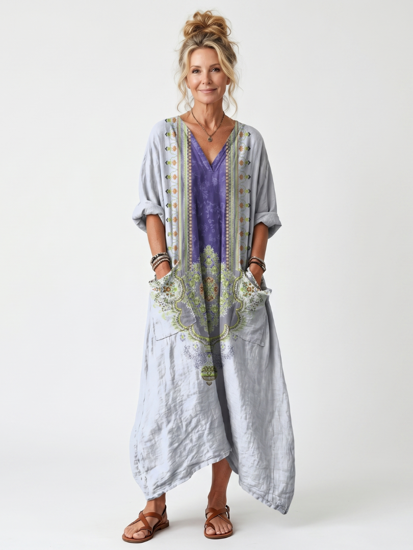 Raina | Robe Midi Oversized à Panneau Contrasté et Broderie
