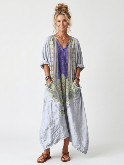 Raina | Robe Midi Oversized à Panneau Contrasté et Broderie