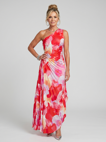 Taya | Robe Midi à Bretelle Unique avec Corsage Plissé