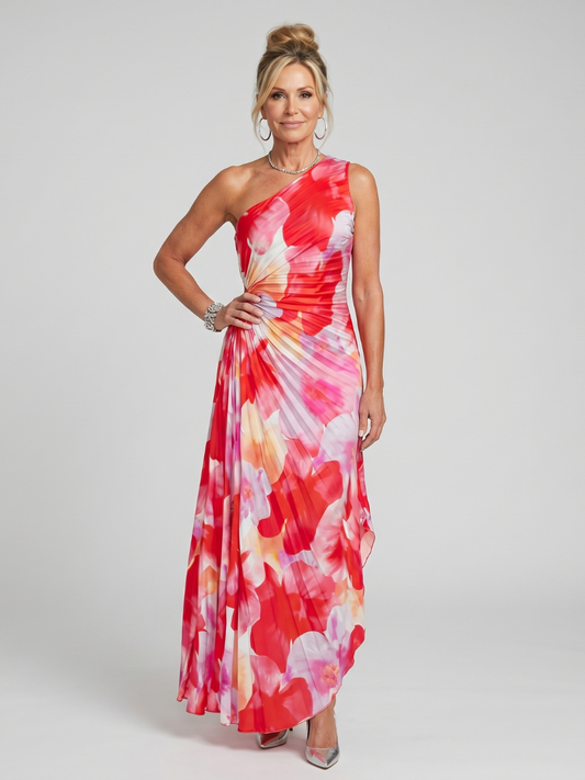 Taya | Robe Midi à Bretelle Unique avec Corsage Plissé