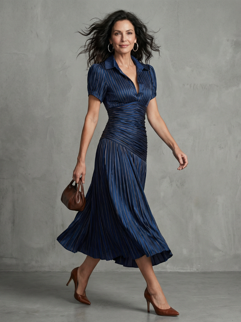 Théodora | Robe midi à taille plissée et rayures