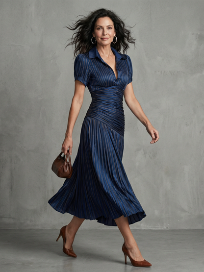 Théodora | Robe midi à taille plissée et rayures