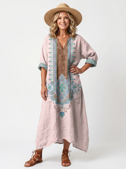 Kenza | Robe Midi Détente à Panneaux Brodés avec Poches