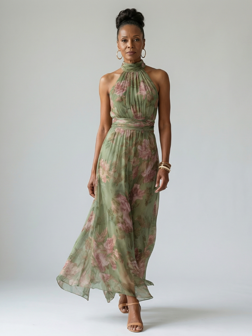 Mirelle | Robe Midi à Encolure Halter Rassemblée