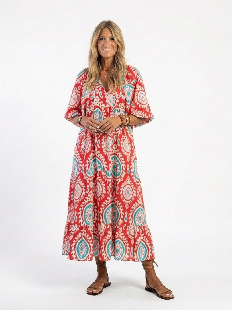 Zaria | Robe midi à manches courtes avec imprimé Paisley et décolleté en V