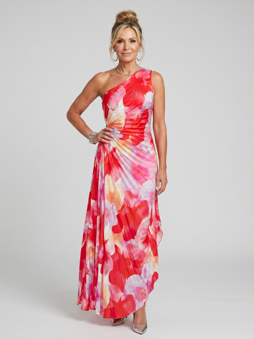 Taya | Robe Midi à Bretelle Unique avec Corsage Plissé