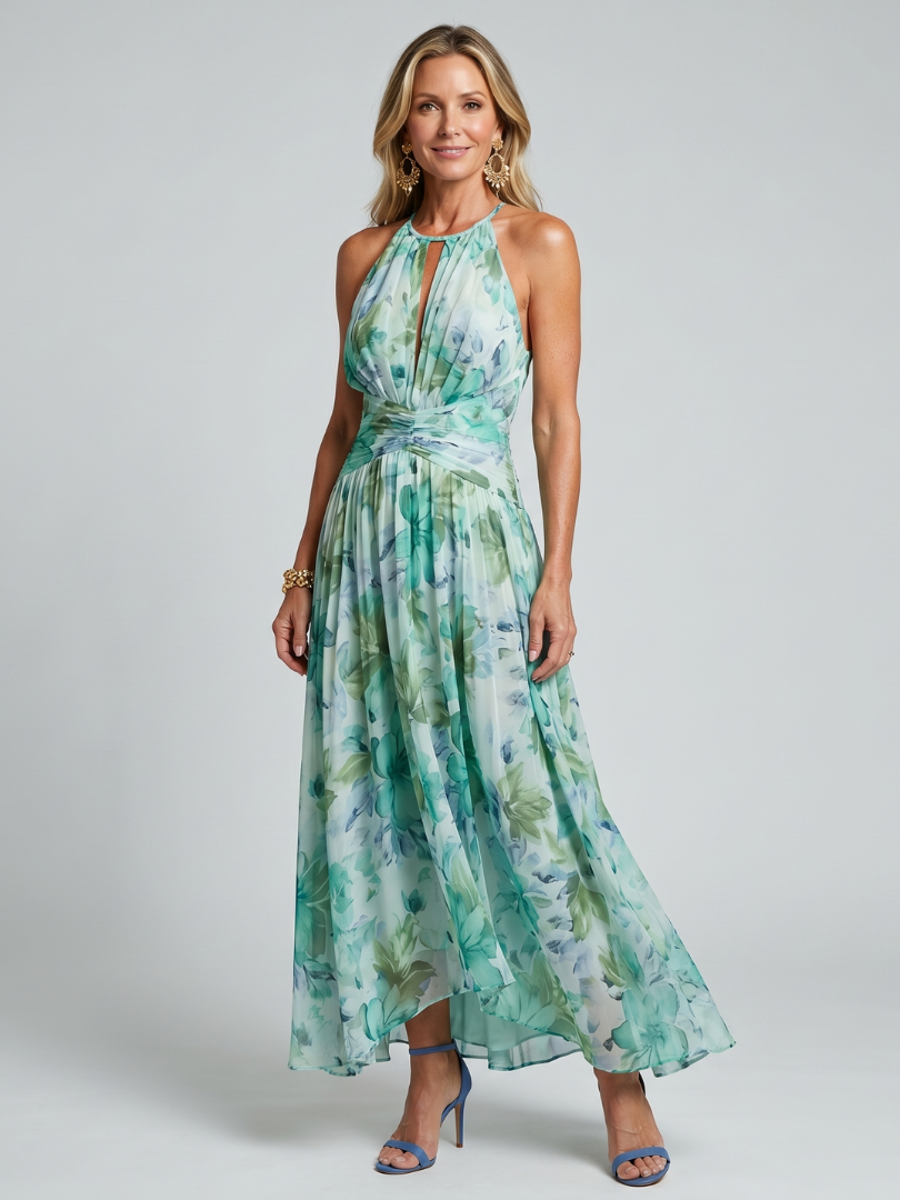 Portia | Robe Midi à Encolure Halter en Tissu Floral Plissé