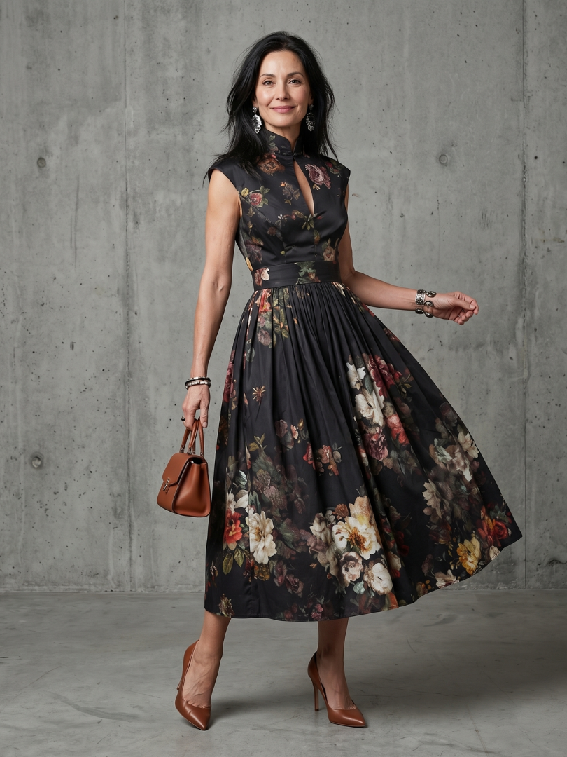 Greta | Robe Midi Plissée à Col Montant et Découpe Florale