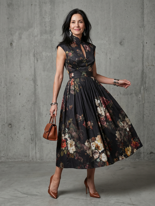 Greta | Robe Midi Plissée à Col Montant et Découpe Florale