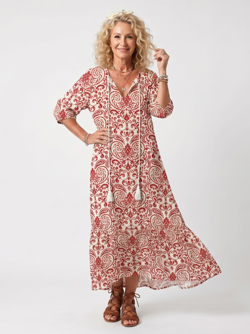 Noelle | Robe Midi à Imprimé Ornamental et Liens à Franges