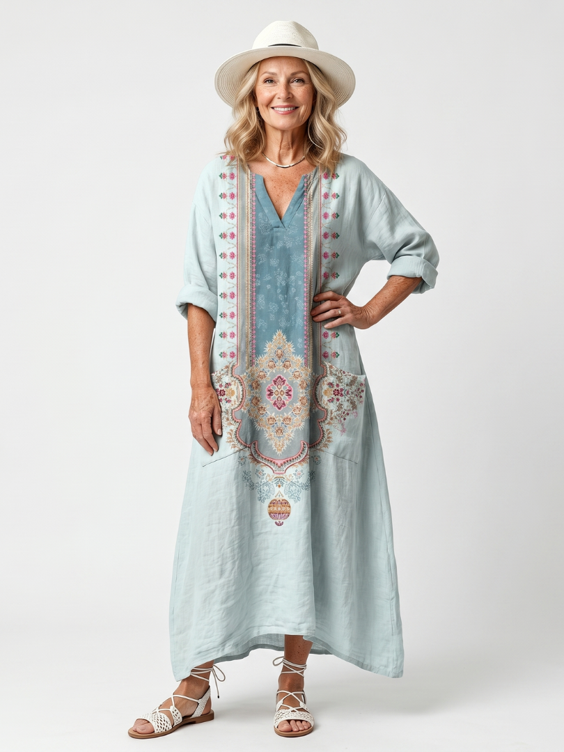Kassiani | Robe Midi Oversize à Poche Brodée avec Panneau Ornamental