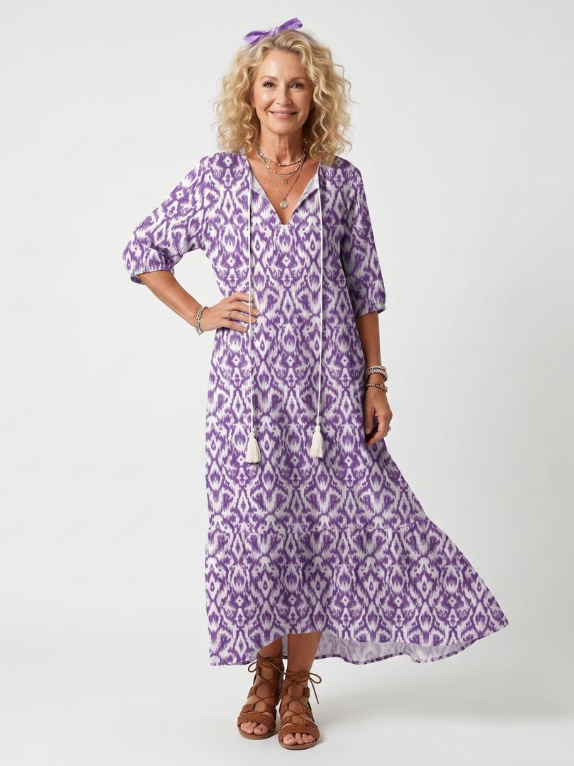 Pénélope | Robe midi à liens à franges imprimée
