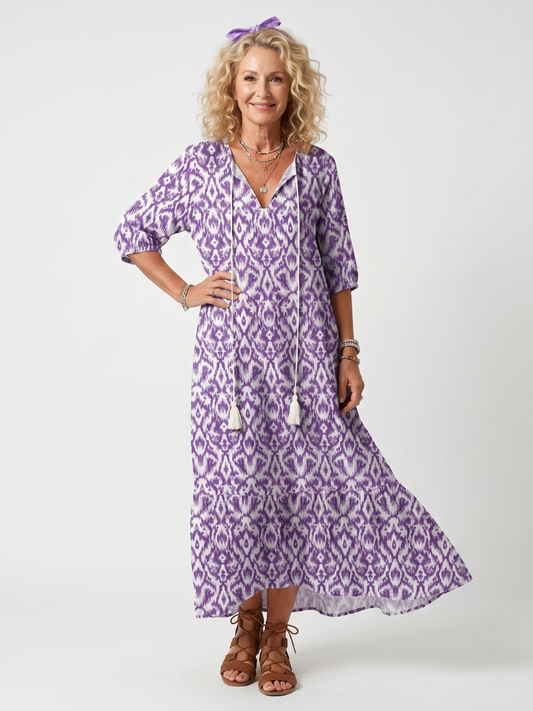 Pénélope | Robe midi à liens à franges imprimée