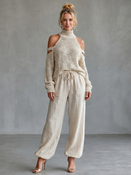 Questa | Ensemble top en tricot à épaules dénudées et pantalon large