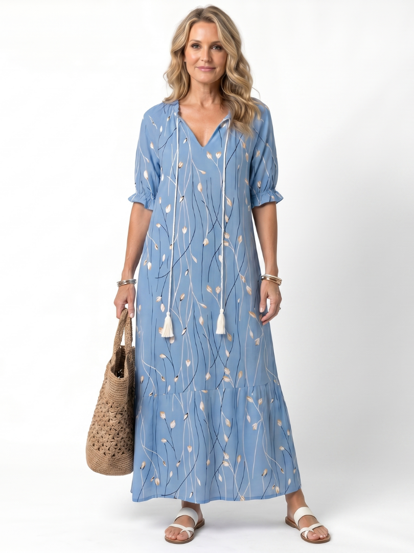 Alora | Robe Midi à Imprimé Floral avec Liens à Franges