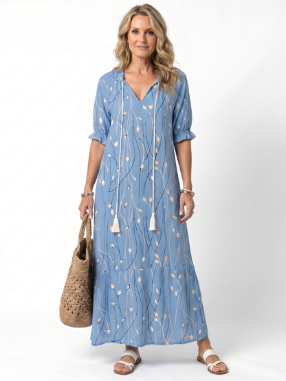 Alora | Robe Midi à Imprimé Floral avec Liens à Franges