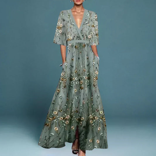 Hazel - Robe Maxi Florale à Col V Ceinturée