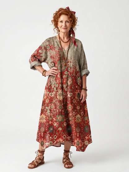Safran | Robe Midi Décontractée à Poches et Motifs Mixtes