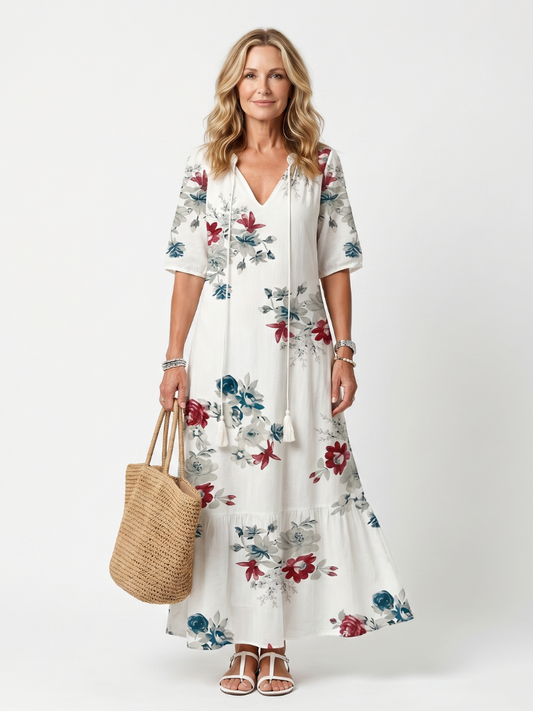 Maeva | Robe Midi à Imprimé Floral Éparpillé avec Liens à Franges