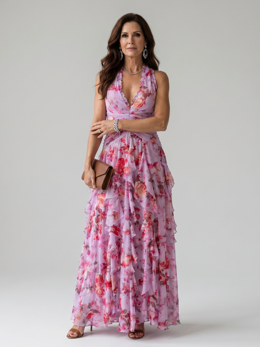 Nori | Robe Maxi Fleurie à Encolure Halter et Corsage Froncé