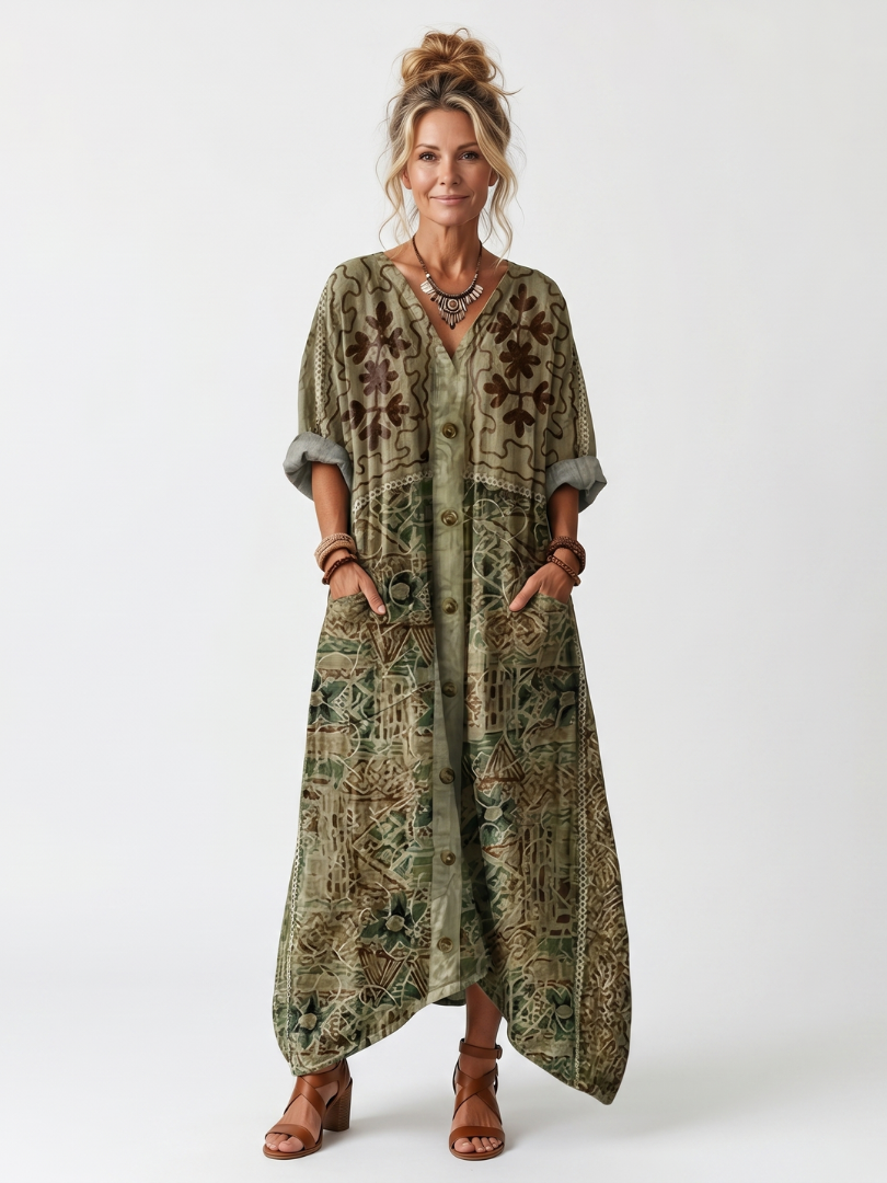 Aleta | Robe Midi Oversized à Poches Brodées et Bouton Devant