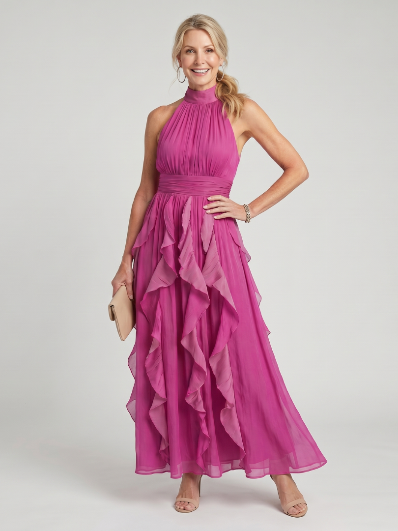 Orea | Robe Maxi à Col Haut avec Volants Rassemblés