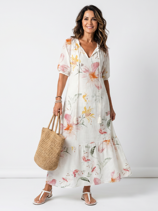 Noa | Robe Midi à Volants et Imprimé Floral Doux