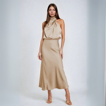 Carlina | Robe Longue Satin à Col Halter