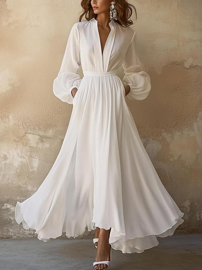 Laura - Robe Maxi Blanche à Col V Inspirée du Vintage