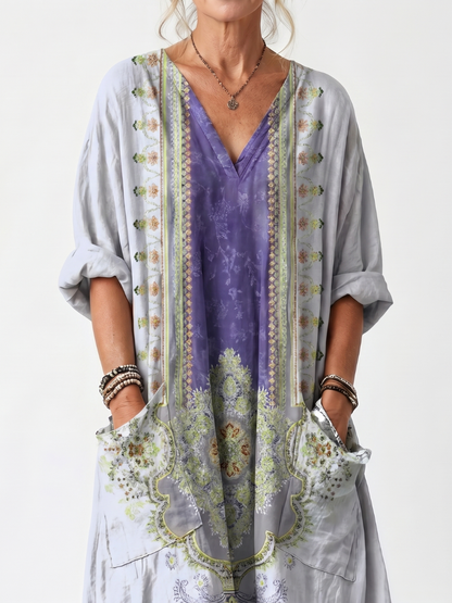 Raina | Robe Midi Oversized à Panneau Contrasté et Broderie