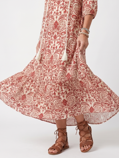 Noelle | Robe Midi à Imprimé Ornamental et Liens à Franges