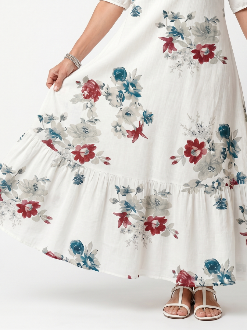 Maeva | Robe Midi à Imprimé Floral Éparpillé avec Liens à Franges