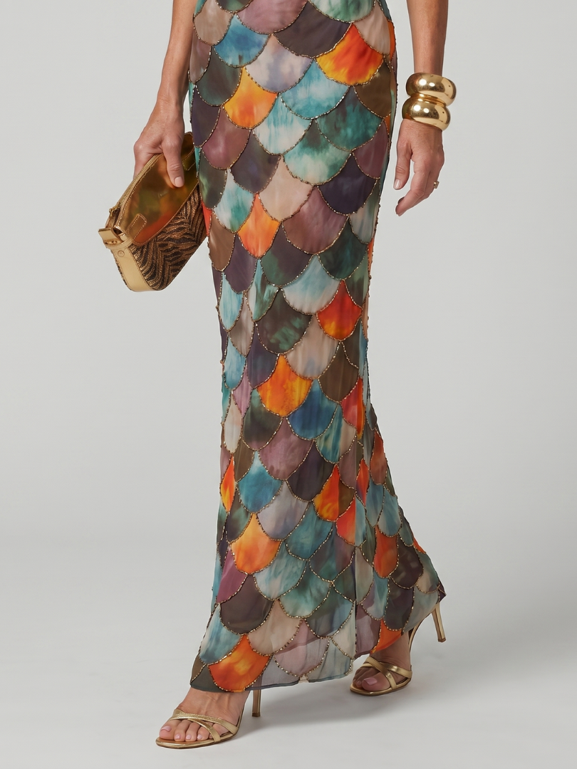 Larkin | Robe Maxi à Motif Écailles Multicolore Ajustée