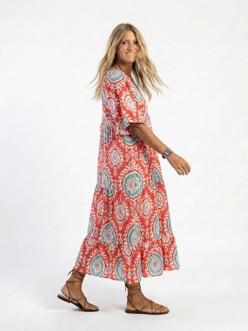 Zaria | Robe midi à manches courtes avec imprimé Paisley et décolleté en V