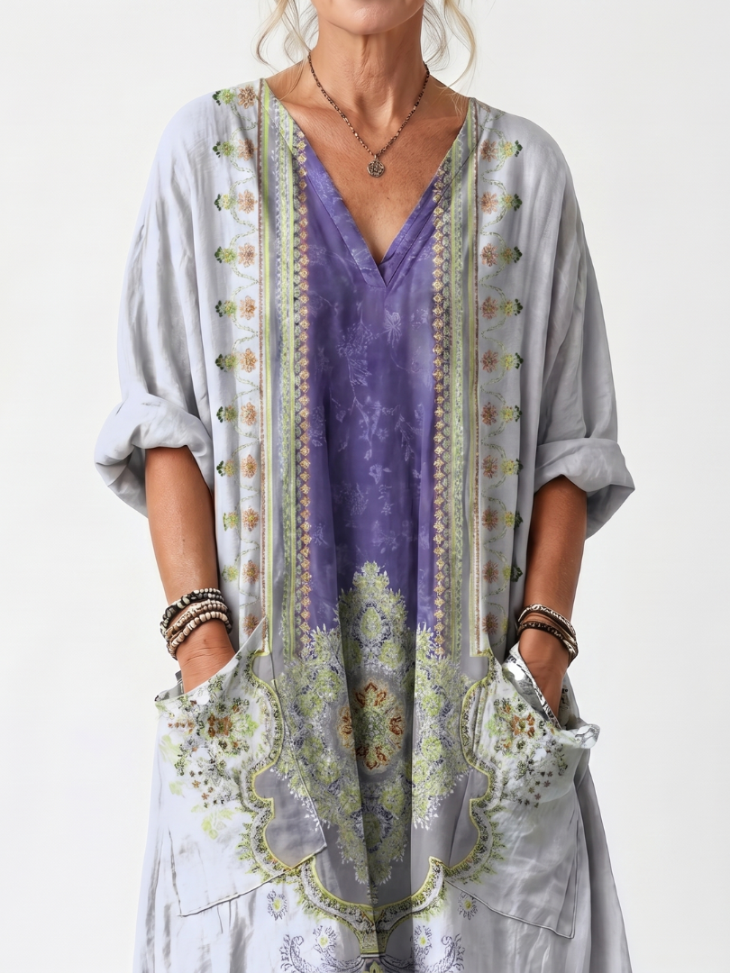 Raina | Robe Midi Oversize à Panneaux Contrastés et Broderies