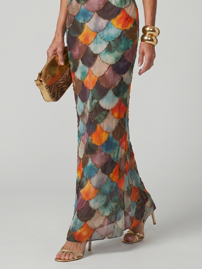 Larkin | Robe Maxi à Motif Écailles Multicolores Ajustée