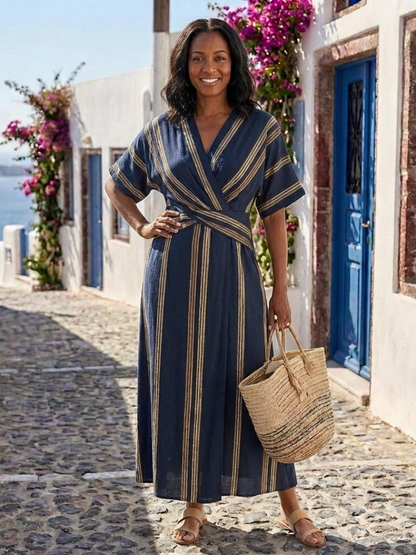 Saphira | Robe midi à rayures à manches courtes en V
