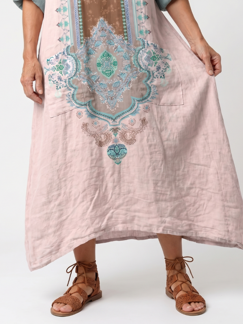 Kenza | Robe Midi Détente à Panneaux Brodés avec Poches