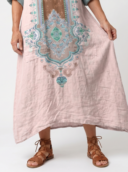 Kenza | Robe Midi Détente à Panneaux Brodés avec Poches